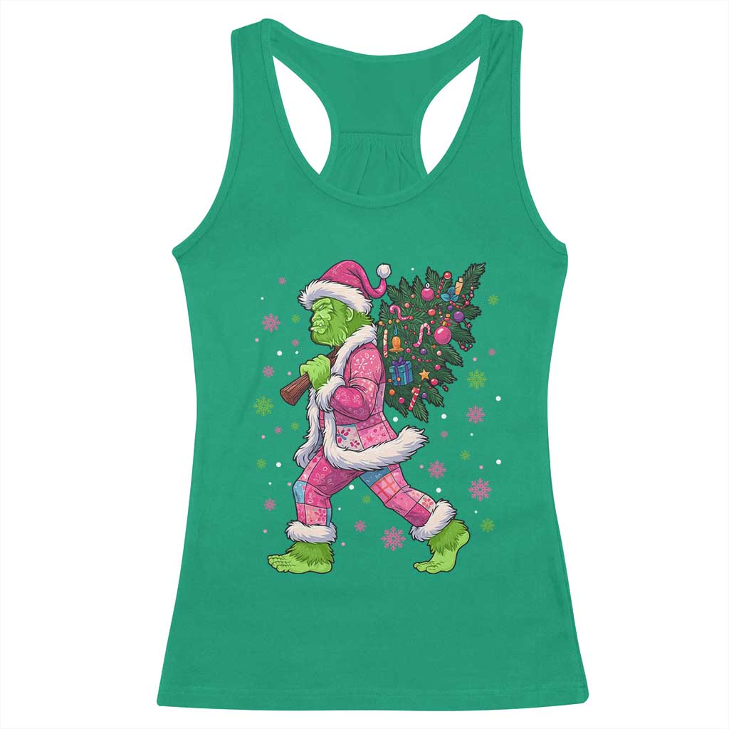 Bigfoot Christmas Tree Racerback Tank Top Pink Xmas Funny Green Sasquatch - Wonder Print Shop