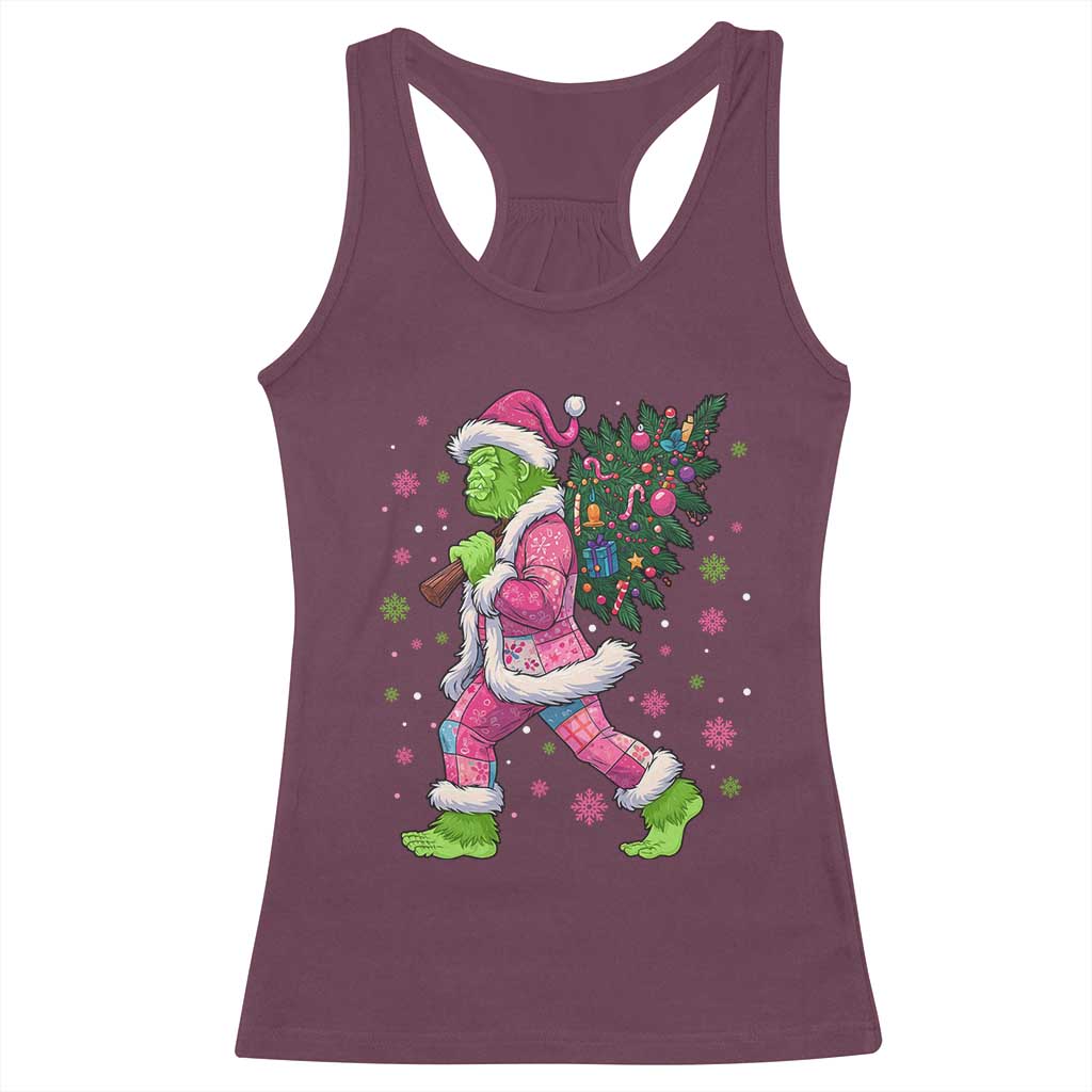 Bigfoot Christmas Tree Racerback Tank Top Pink Xmas Funny Green Sasquatch - Wonder Print Shop
