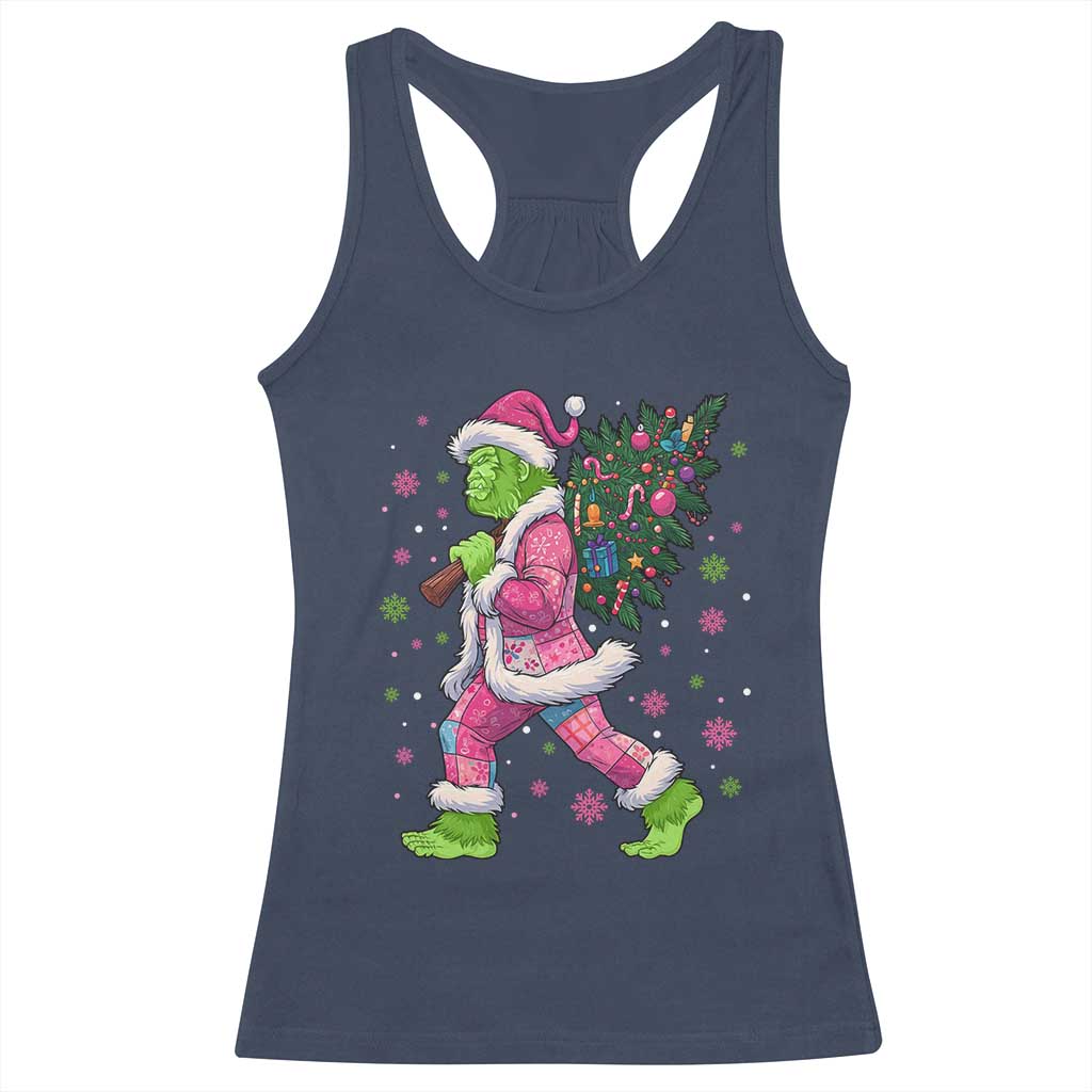 Bigfoot Christmas Tree Racerback Tank Top Pink Xmas Funny Green Sasquatch - Wonder Print Shop