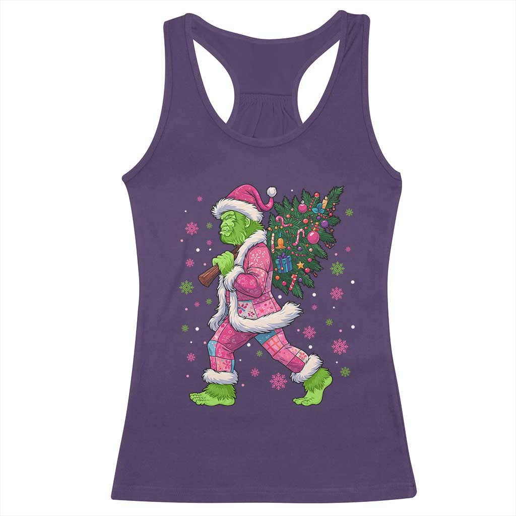Bigfoot Christmas Tree Racerback Tank Top Pink Xmas Funny Green Sasquatch - Wonder Print Shop