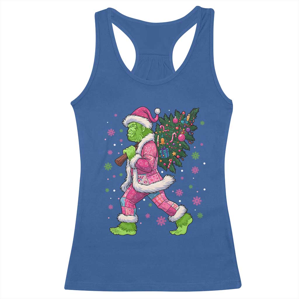 Bigfoot Christmas Tree Racerback Tank Top Pink Xmas Funny Green Sasquatch - Wonder Print Shop