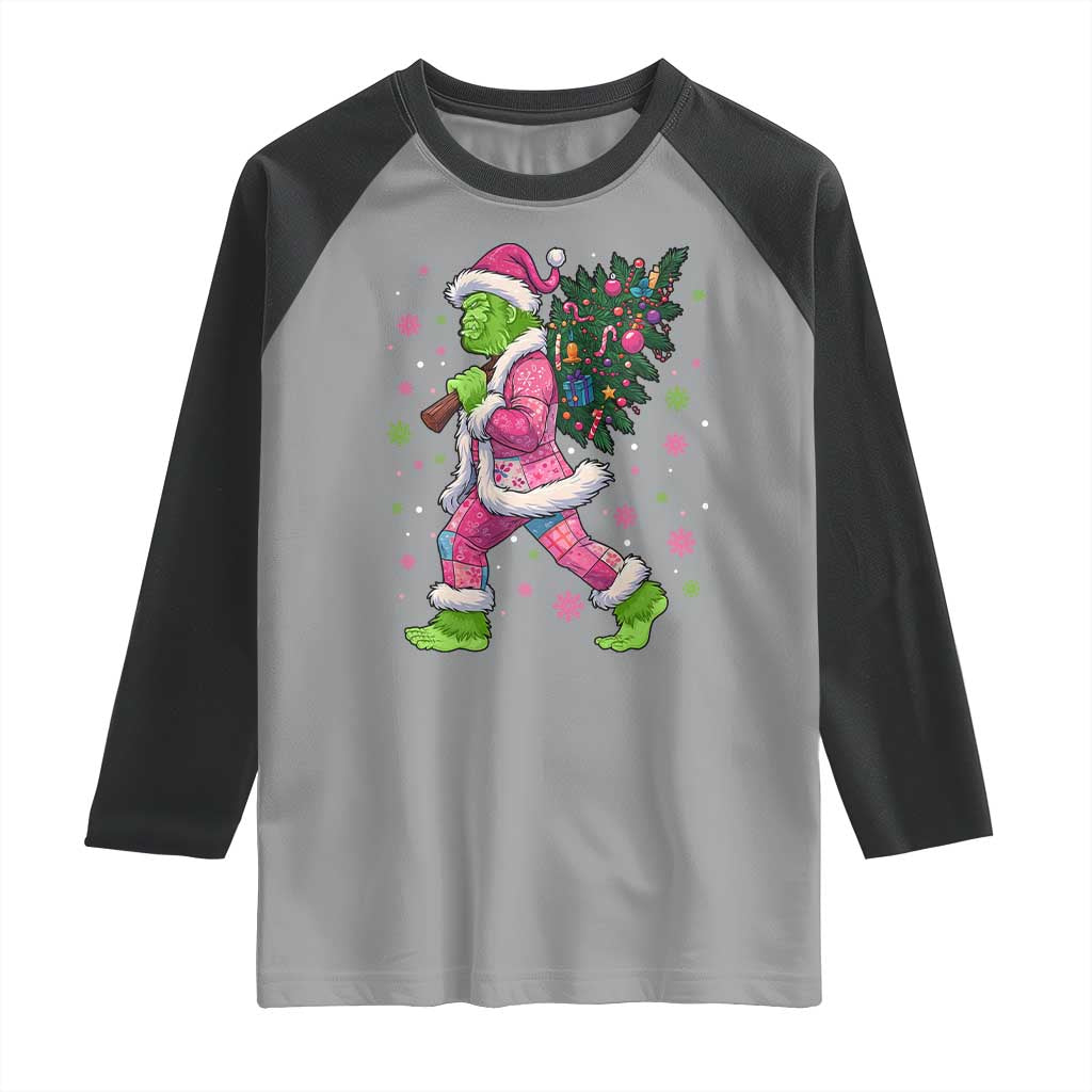 Bigfoot Christmas Tree Raglan Shirt Pink Xmas Funny Green Sasquatch - Wonder Print Shop
