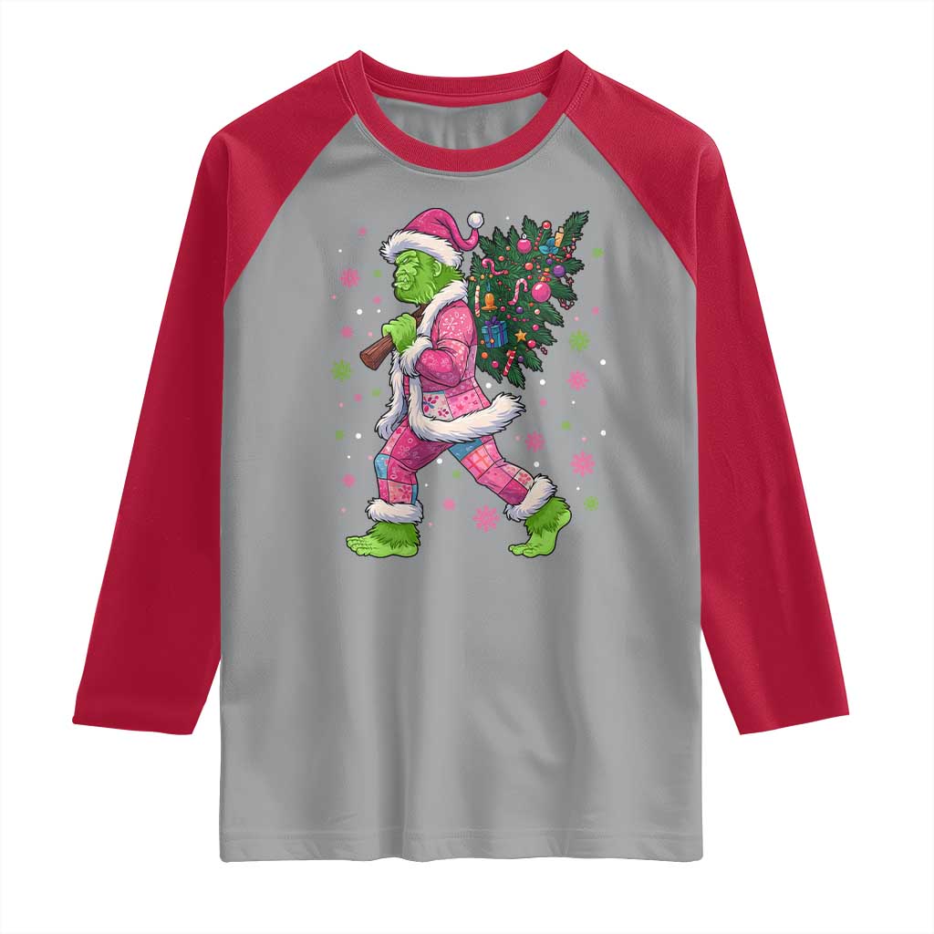 Bigfoot Christmas Tree Raglan Shirt Pink Xmas Funny Green Sasquatch - Wonder Print Shop
