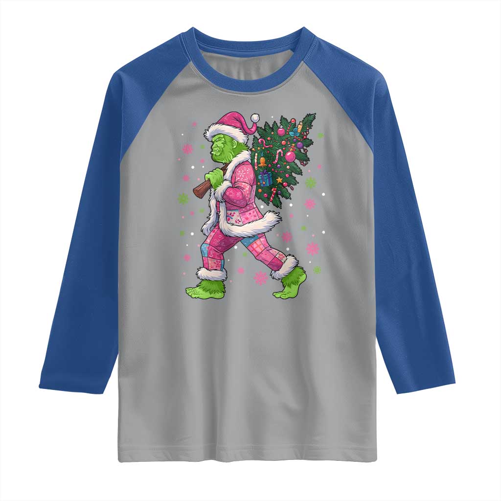 Bigfoot Christmas Tree Raglan Shirt Pink Xmas Funny Green Sasquatch - Wonder Print Shop