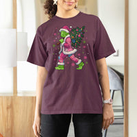 Bigfoot Christmas Tree T Shirt For Women Pink Xmas Funny Green Sasquatch - Wonder Print Shop