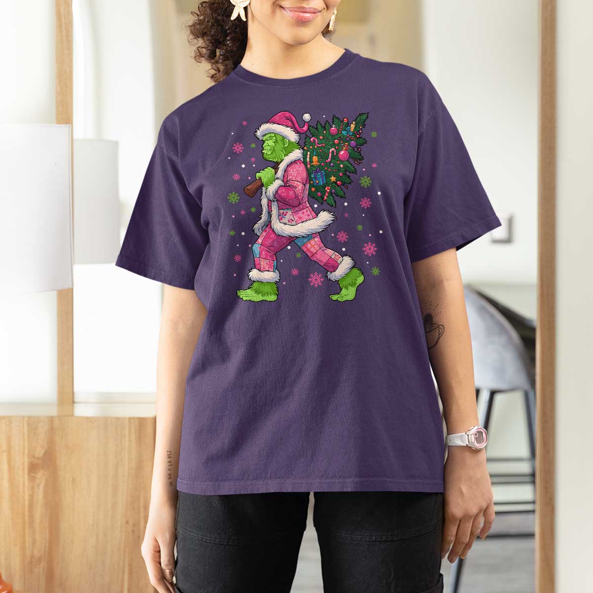 Bigfoot Christmas Tree T Shirt For Women Pink Xmas Funny Green Sasquatch - Wonder Print Shop