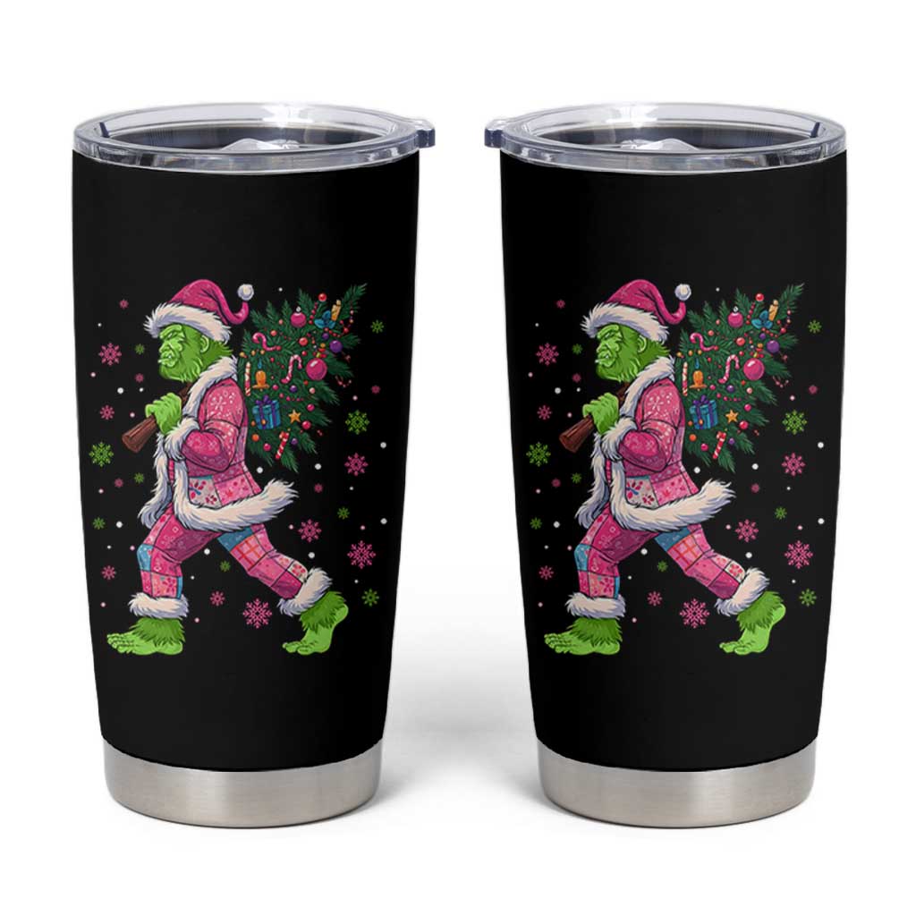 Bigfoot Christmas Tree Tumbler Cup Pink Xmas Funny Green Sasquatch - Wonder Print Shop
