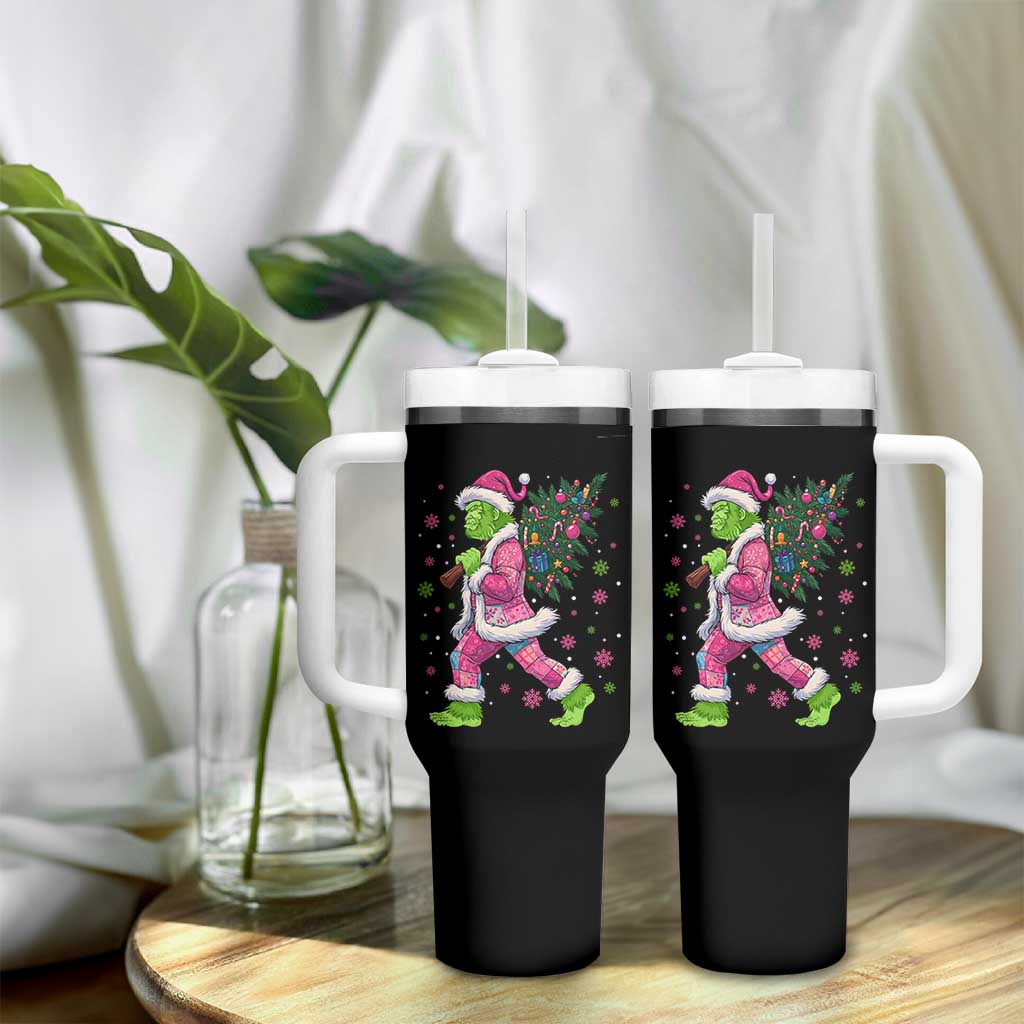 Bigfoot Christmas Tree Tumbler With Handle Pink Xmas Funny Green Sasquatch - Wonder Print Shop