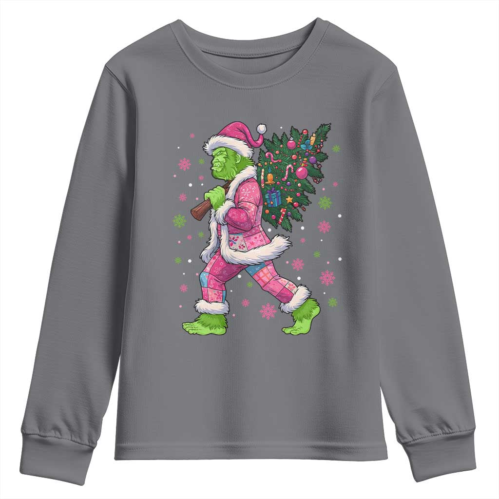 Bigfoot Christmas Tree Youth Sweatshirt Pink Xmas Funny Green Sasquatch - Wonder Print Shop