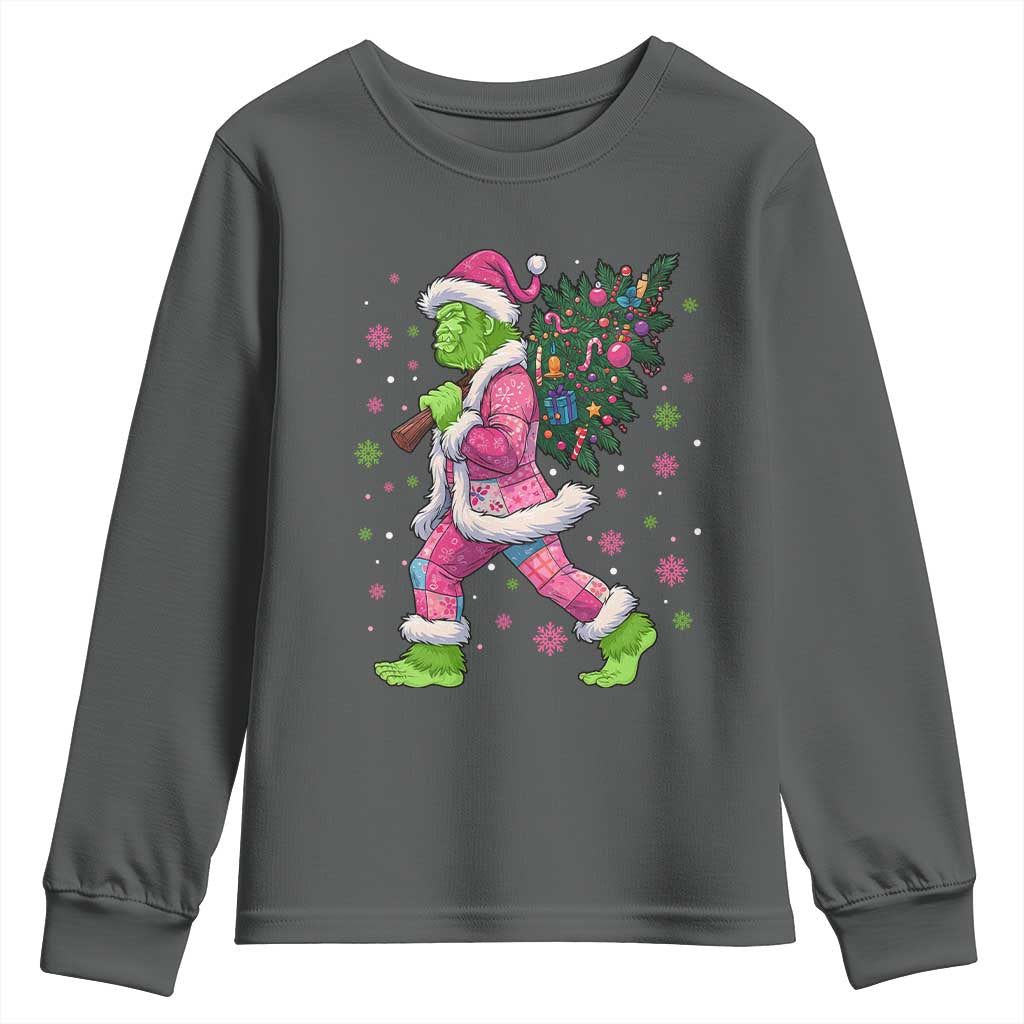 Bigfoot Christmas Tree Youth Sweatshirt Pink Xmas Funny Green Sasquatch - Wonder Print Shop