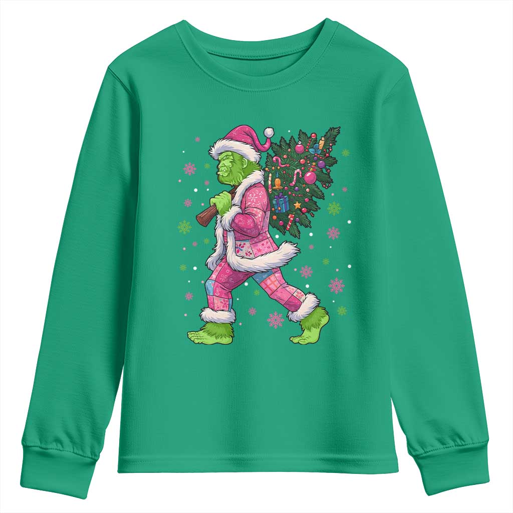 Bigfoot Christmas Tree Youth Sweatshirt Pink Xmas Funny Green Sasquatch - Wonder Print Shop