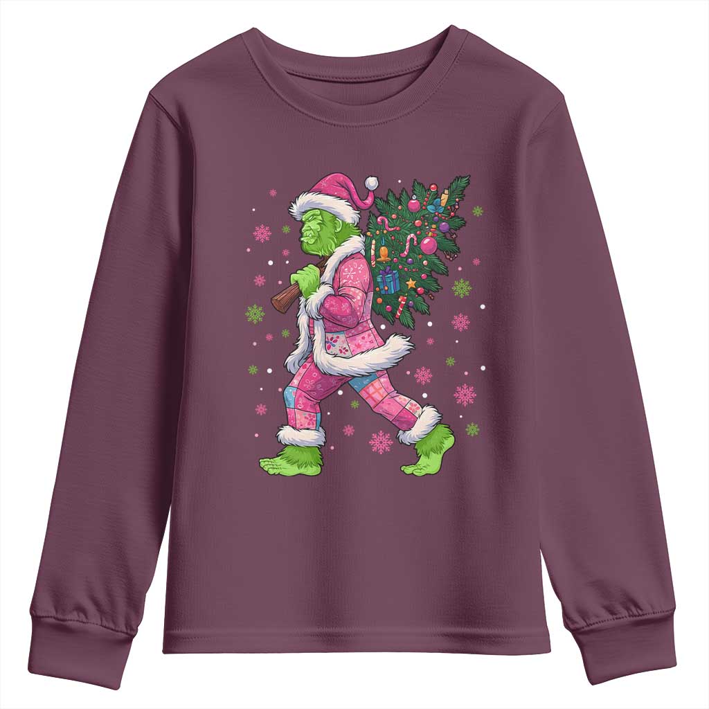 Bigfoot Christmas Tree Youth Sweatshirt Pink Xmas Funny Green Sasquatch - Wonder Print Shop