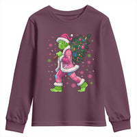 Bigfoot Christmas Tree Youth Sweatshirt Pink Xmas Funny Green Sasquatch - Wonder Print Shop