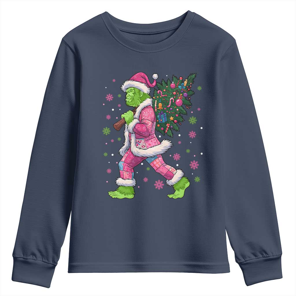 Bigfoot Christmas Tree Youth Sweatshirt Pink Xmas Funny Green Sasquatch - Wonder Print Shop