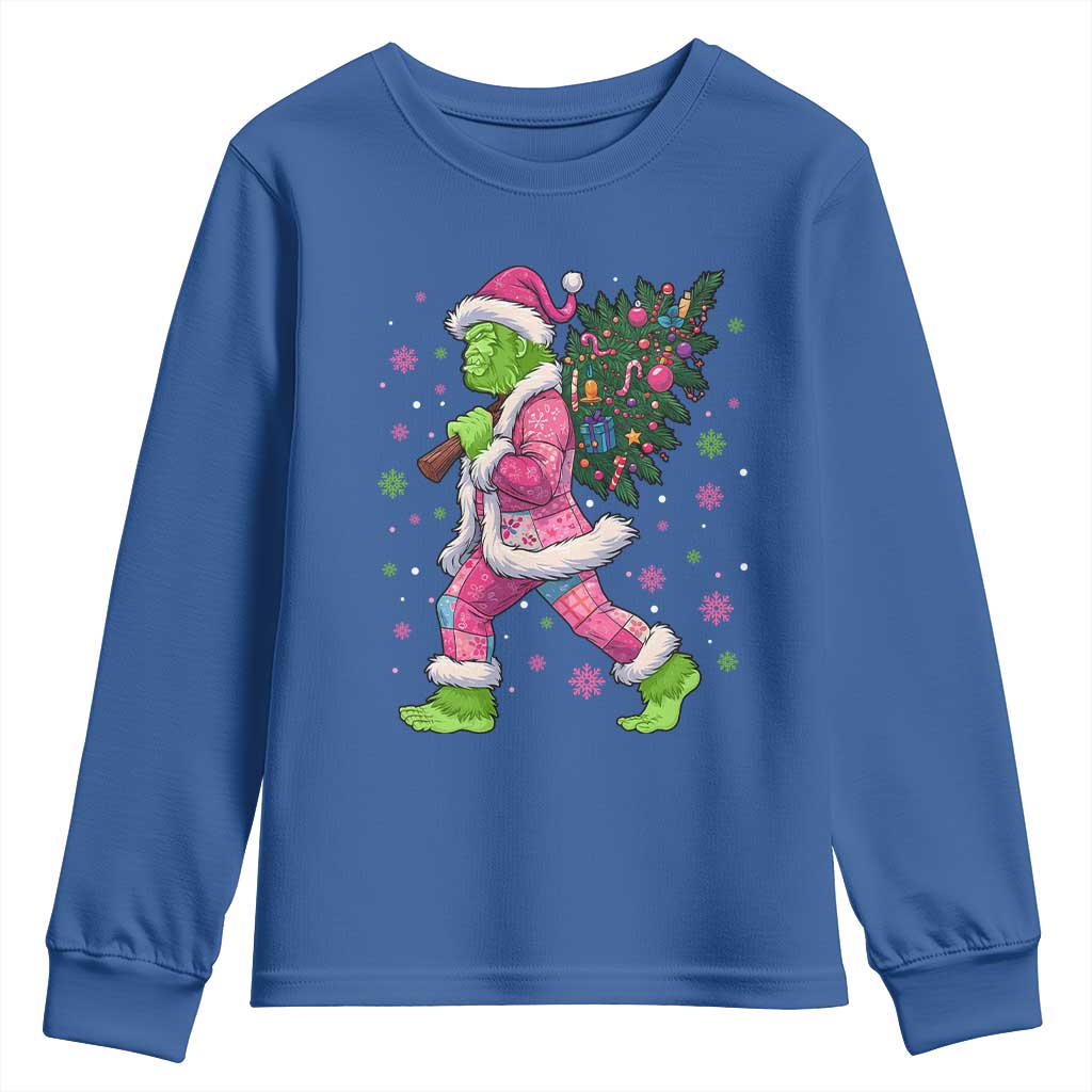 Bigfoot Christmas Tree Youth Sweatshirt Pink Xmas Funny Green Sasquatch - Wonder Print Shop