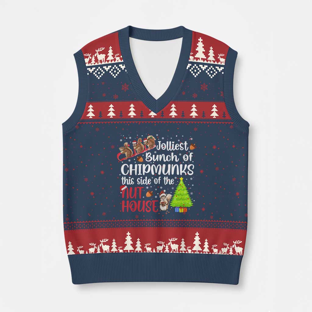 Funny Xmas V-Neck Knit Sweater Vest Jolliest Bunch Of Chipmunks This Side Of The Nut House - Wonder Print Shop