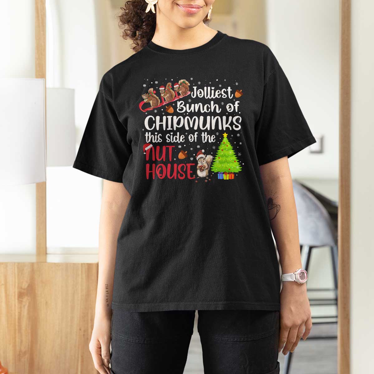 Funny Christmas T Shirt For Women Jolliest Bunch Of Chipmunks This Side Of The Nut House - Wonder Print Shop