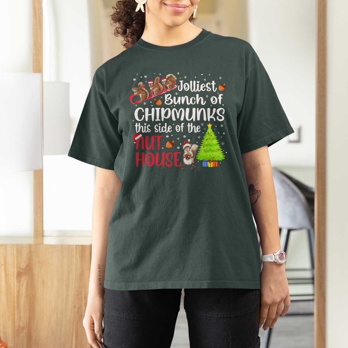 Funny Christmas T Shirt For Women Jolliest Bunch Of Chipmunks This Side Of The Nut House - Wonder Print Shop