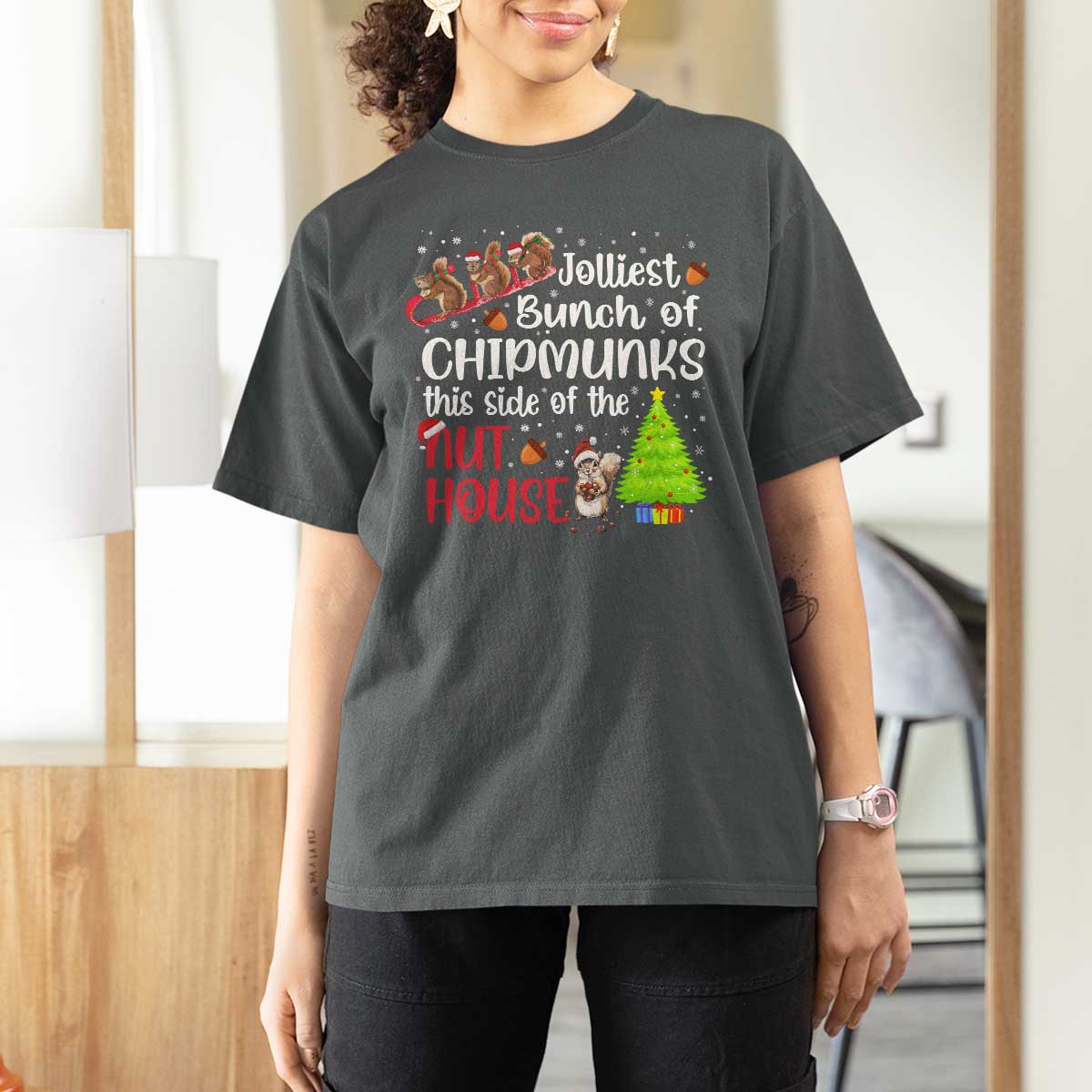 Funny Christmas T Shirt For Women Jolliest Bunch Of Chipmunks This Side Of The Nut House - Wonder Print Shop