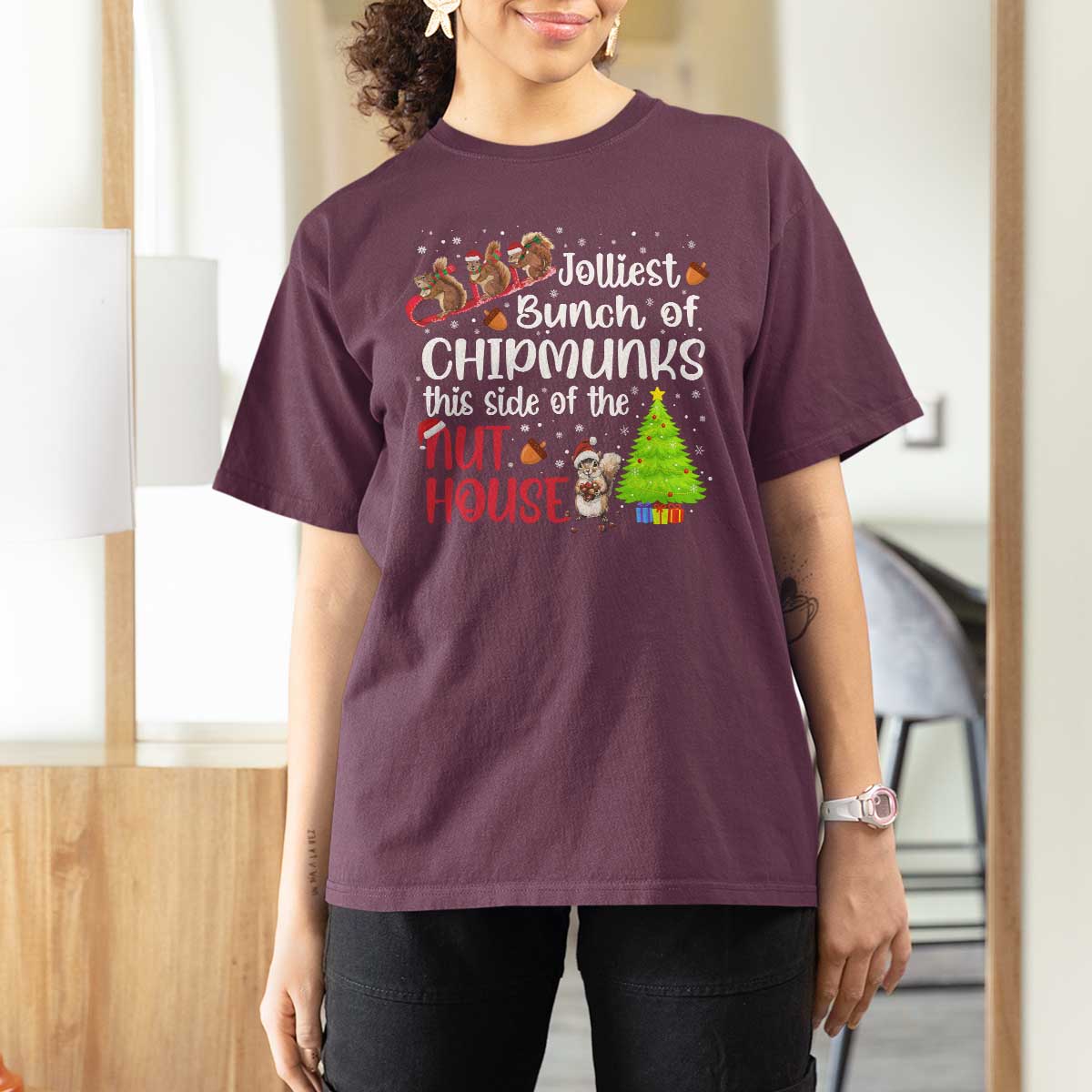 Funny Christmas T Shirt For Women Jolliest Bunch Of Chipmunks This Side Of The Nut House - Wonder Print Shop