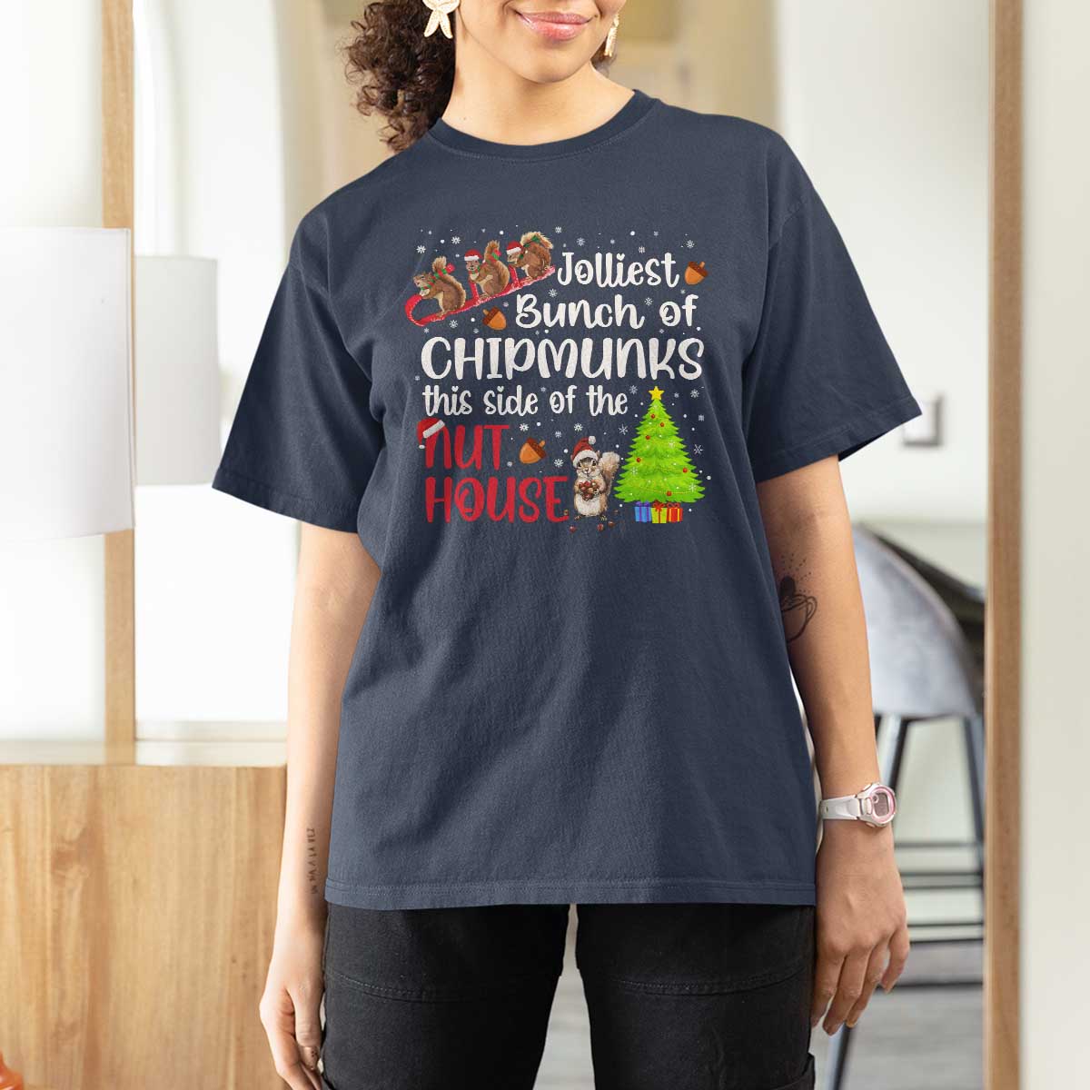 Funny Christmas T Shirt For Women Jolliest Bunch Of Chipmunks This Side Of The Nut House - Wonder Print Shop