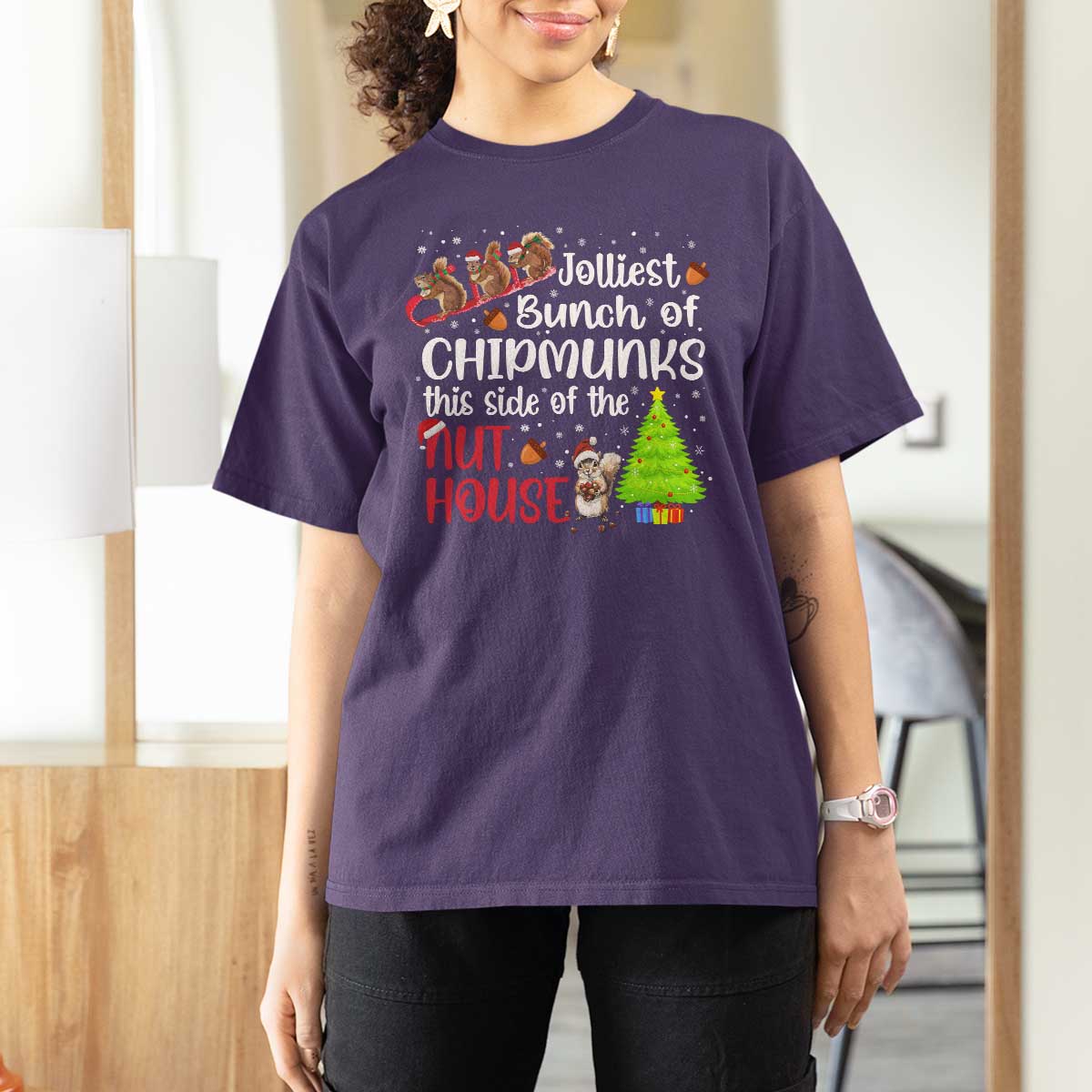 Funny Christmas T Shirt For Women Jolliest Bunch Of Chipmunks This Side Of The Nut House - Wonder Print Shop