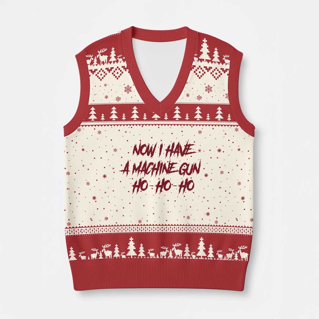 Now I Have A Machine Gun V-Neck Knit Sweater Vest Funny Retro 90s Movie Jumper - Wonder Print Shop