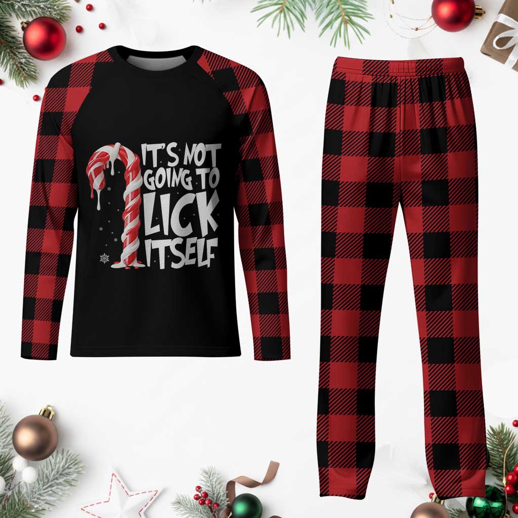 Funny Dirty Christmas Plaid Pajama Set It's Not Going To Lick Itself Adult Humor Cringe Candy Cane - Wonder Print Shop