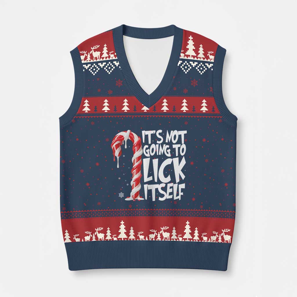 Funny Dirty Xmas V-Neck Knit Sweater Vest It's Not Going To Lick Itself Adult Humor Cringe Candy Cane - Wonder Print Shop