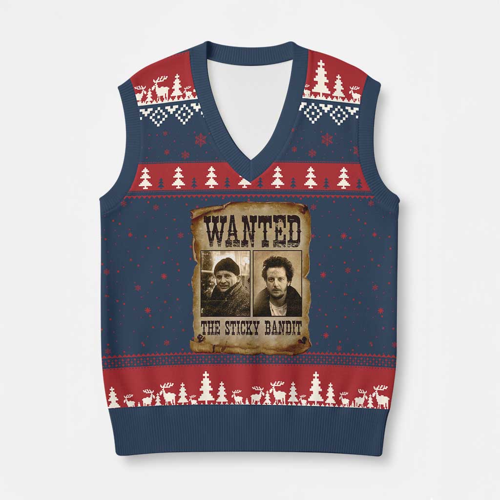 Funny Xmas Movie V-Neck Knit Sweater Vest Wanted Sticky Bandit Merry Xmas Ya Filthy Animal - Wonder Print Shop