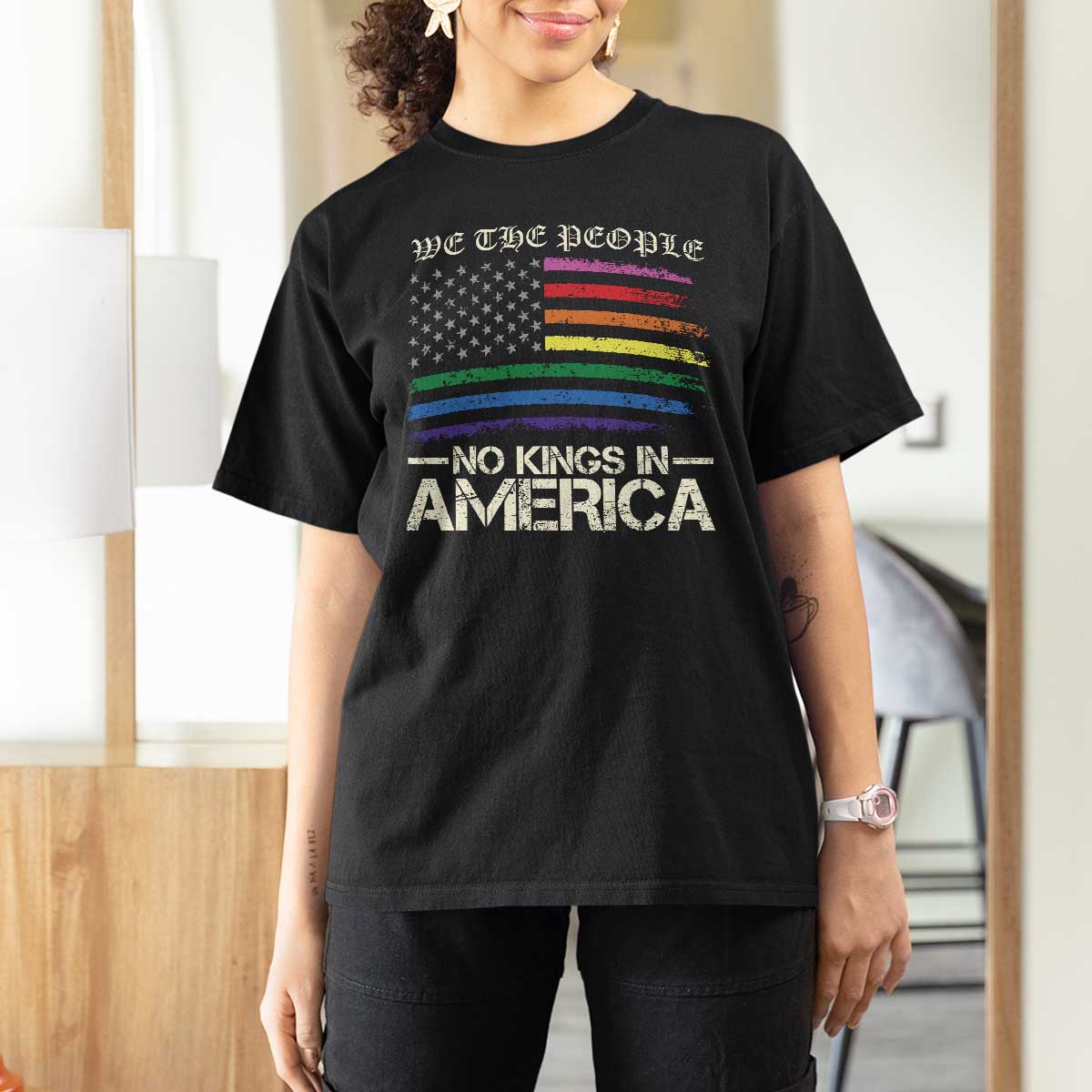 No Kings In America T Shirt For Women We The People USA LGBTQ Pride Flag