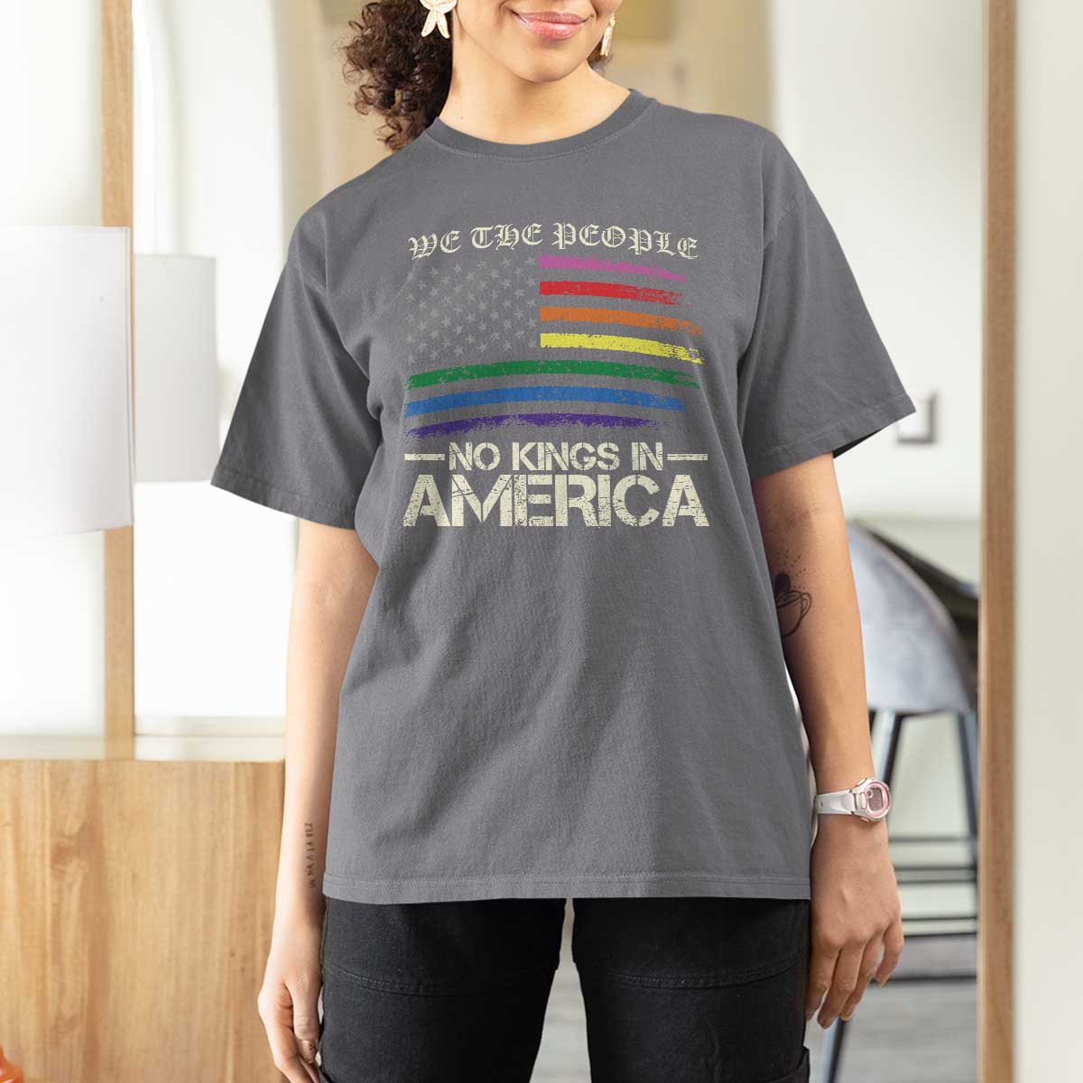 No Kings In America T Shirt For Women We The People USA LGBTQ Pride Flag
