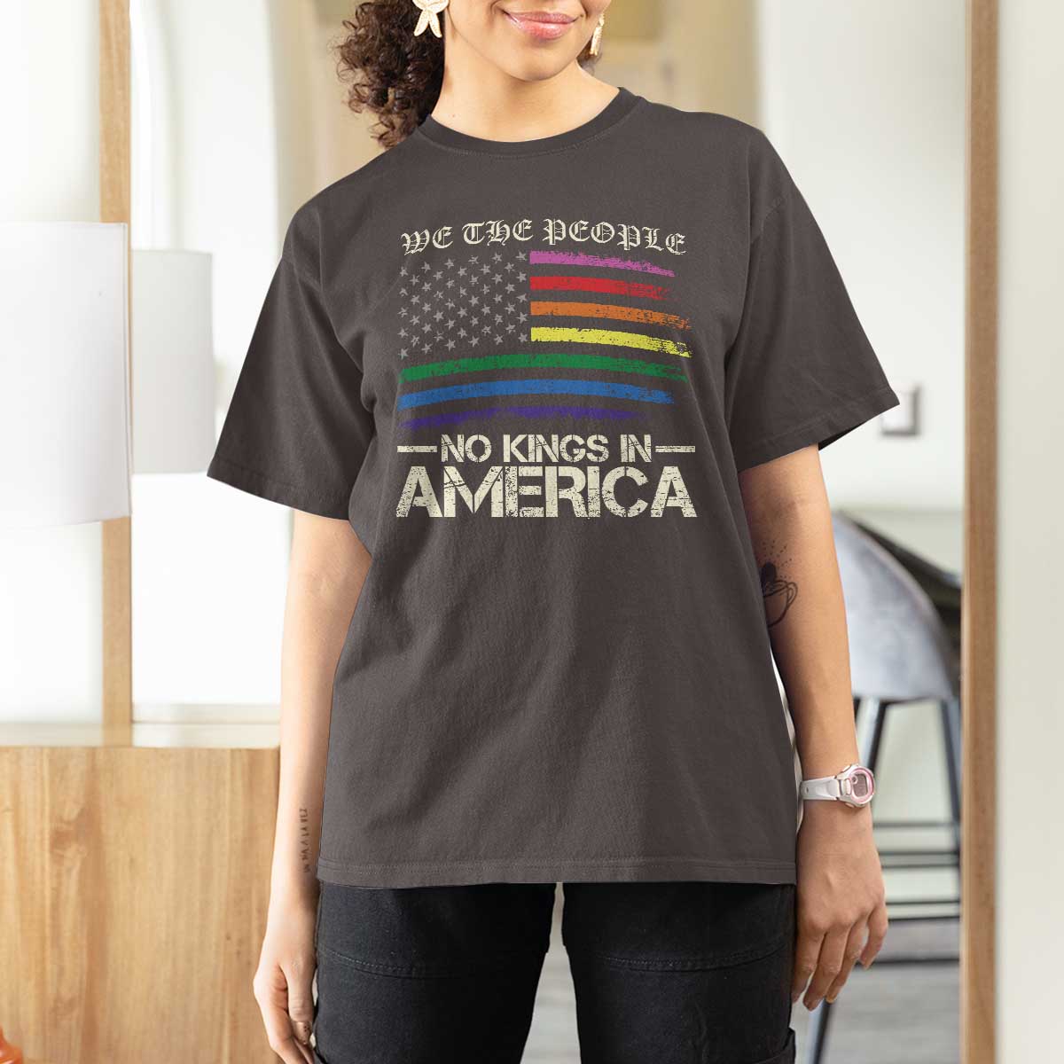 No Kings In America T Shirt For Women We The People USA LGBTQ Pride Flag