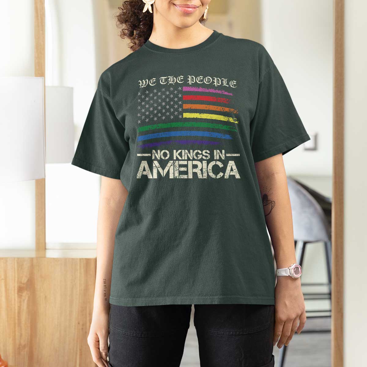 No Kings In America T Shirt For Women We The People USA LGBTQ Pride Flag