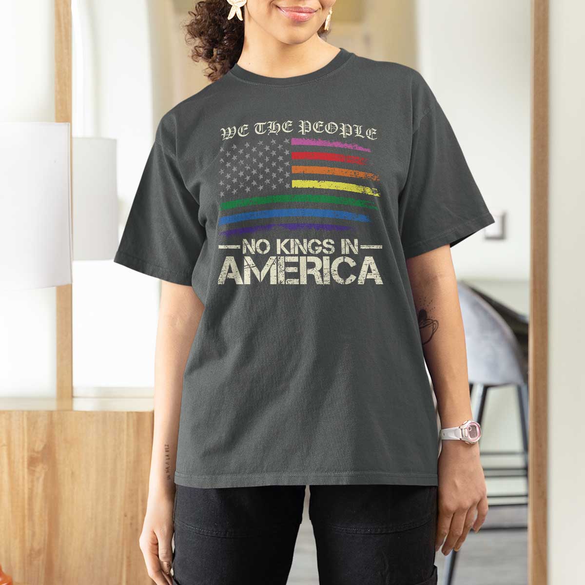 No Kings In America T Shirt For Women We The People USA LGBTQ Pride Flag