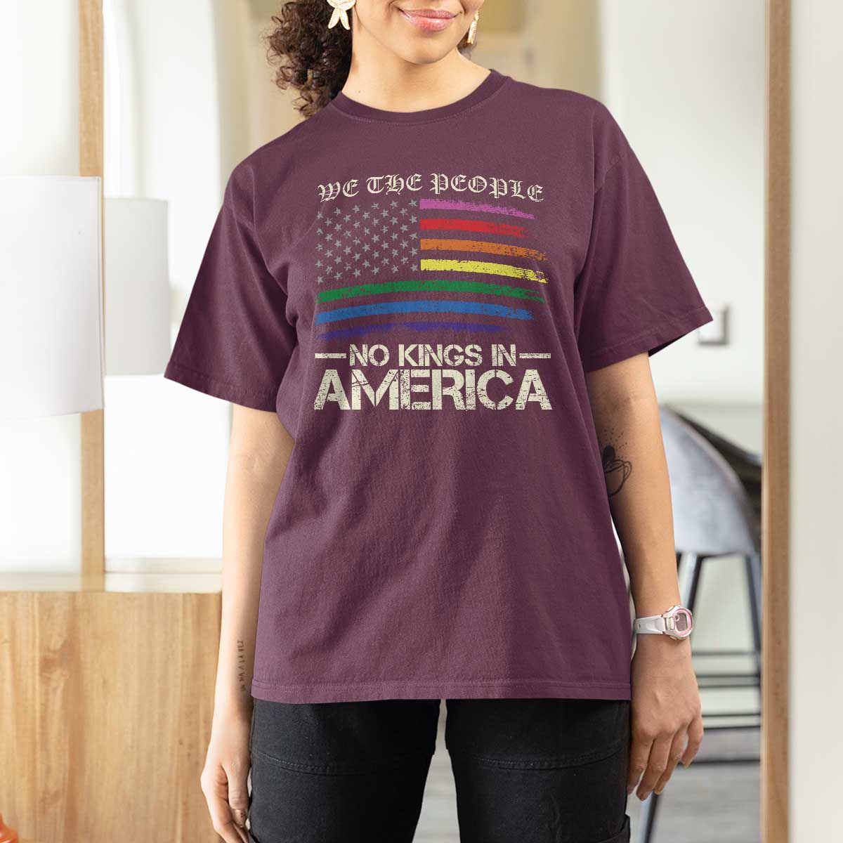 No Kings In America T Shirt For Women We The People USA LGBTQ Pride Flag