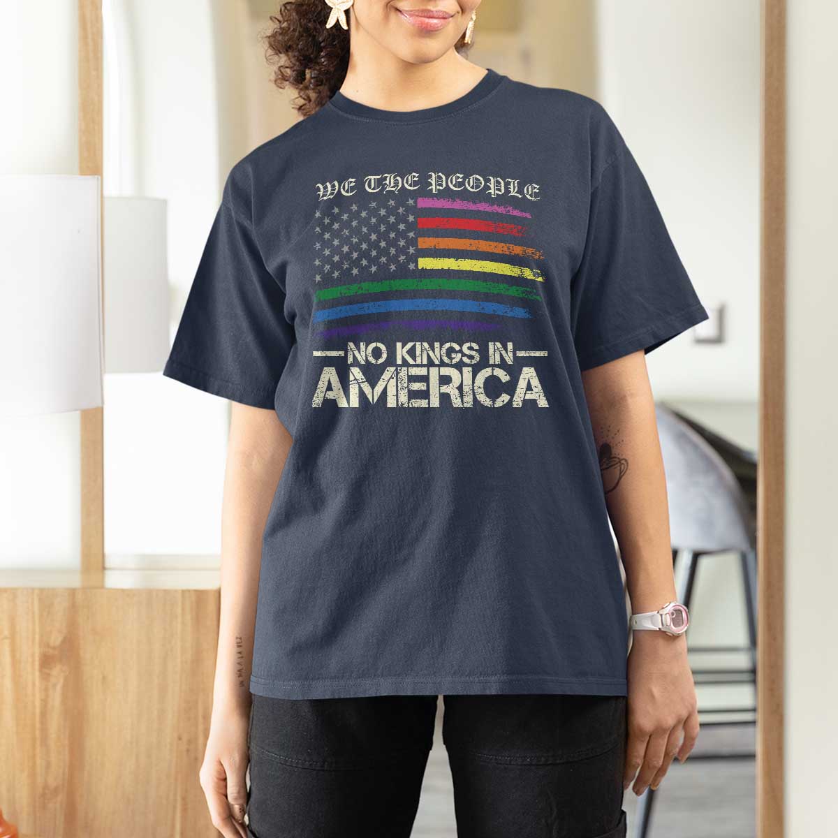 No Kings In America T Shirt For Women We The People USA LGBTQ Pride Flag