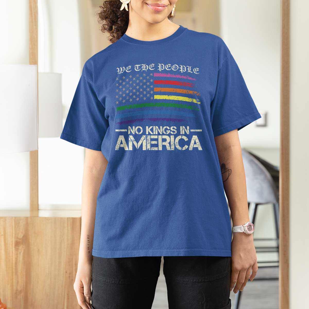 No Kings In America T Shirt For Women We The People USA LGBTQ Pride Flag
