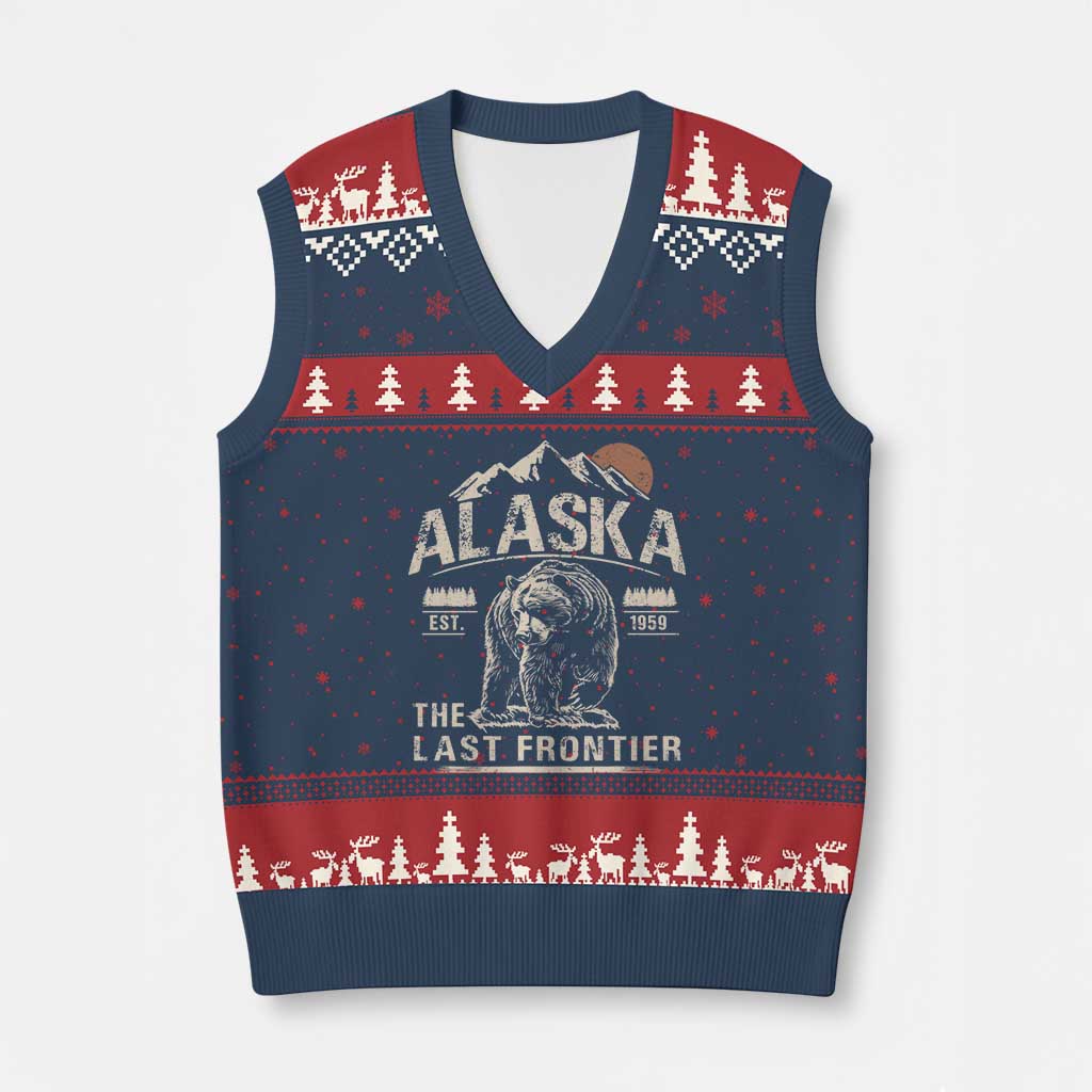 Bear Alaska The Last Frontier V-Neck Knit Sweater Vest Vintage Alaska Camping Hiking Mountain - Wonder Print Shop