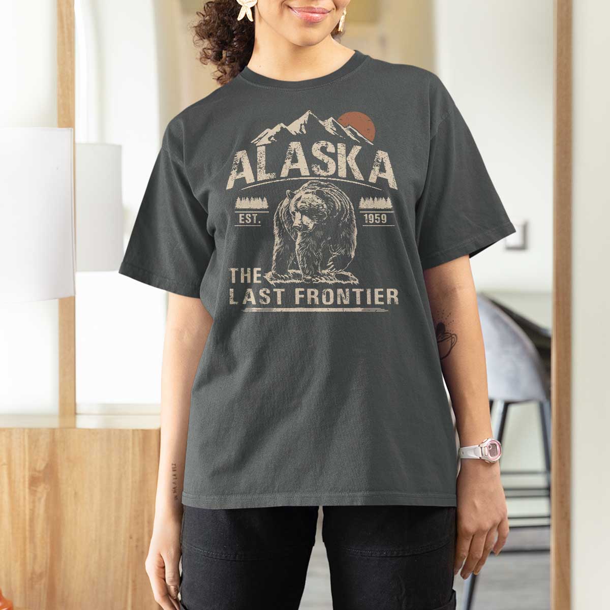 Bear Alaska The Last Frontier T Shirt For Women Vintage Alaska Camping Hiking Mountain - Wonder Print Shop