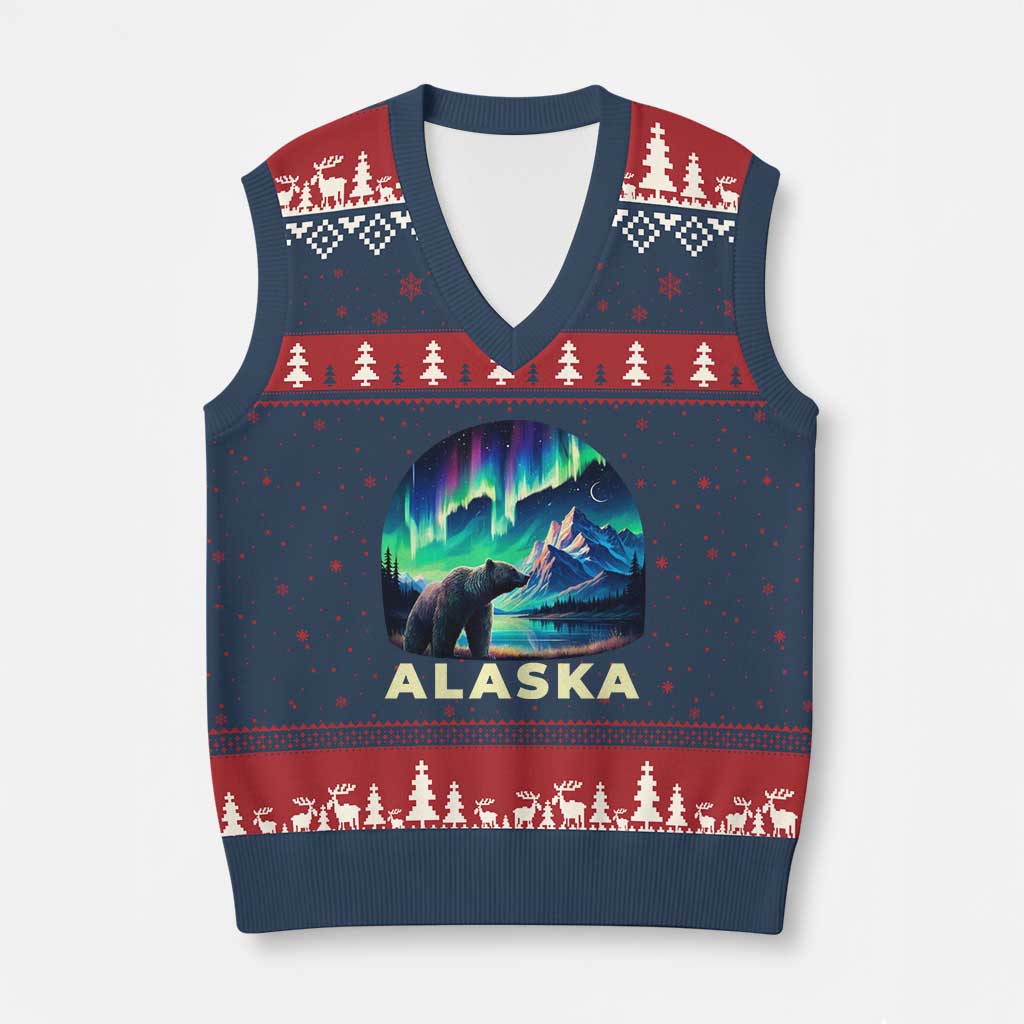 Bear Alaska V-Neck Knit Sweater Vest Alaskan Night Sky Northern Lights Aurora - Wonder Print Shop