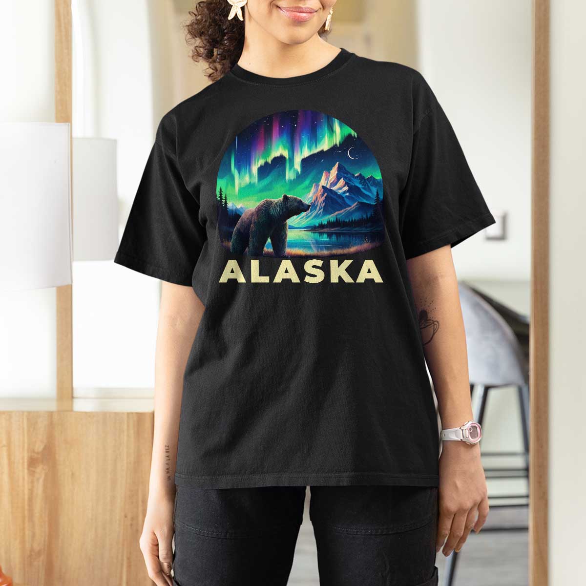 Bear Alaska T Shirt For Women Alaskan Night Sky Northern Lights Aurora - Wonder Print Shop