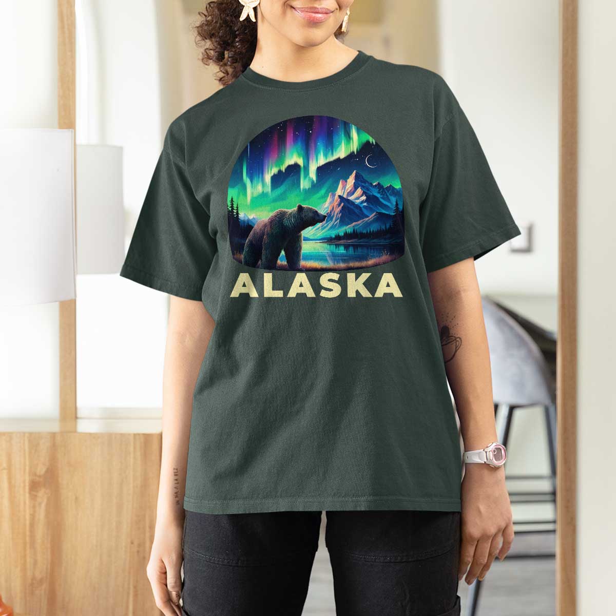 Bear Alaska T Shirt For Women Alaskan Night Sky Northern Lights Aurora - Wonder Print Shop