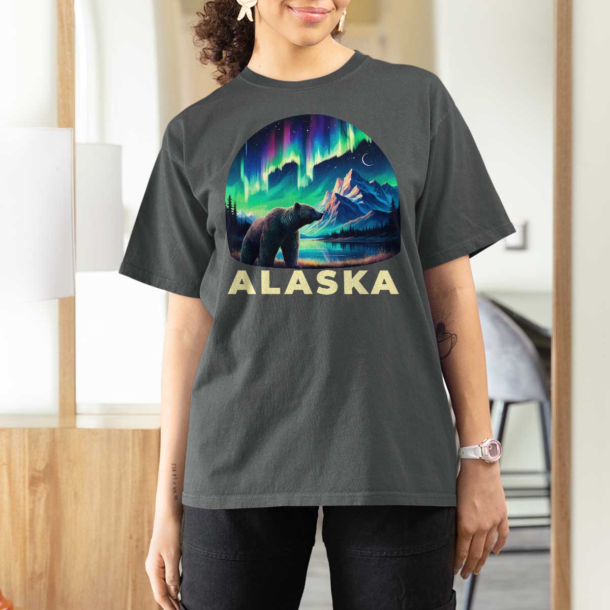 Bear Alaska T Shirt For Women Alaskan Night Sky Northern Lights Aurora - Wonder Print Shop