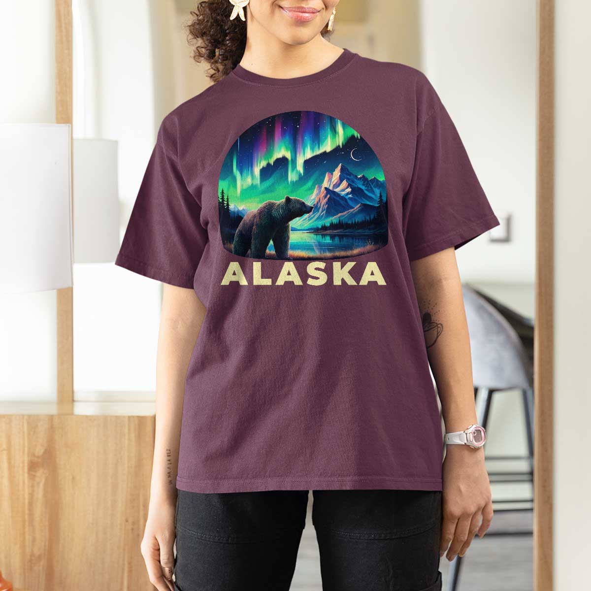 Bear Alaska T Shirt For Women Alaskan Night Sky Northern Lights Aurora - Wonder Print Shop