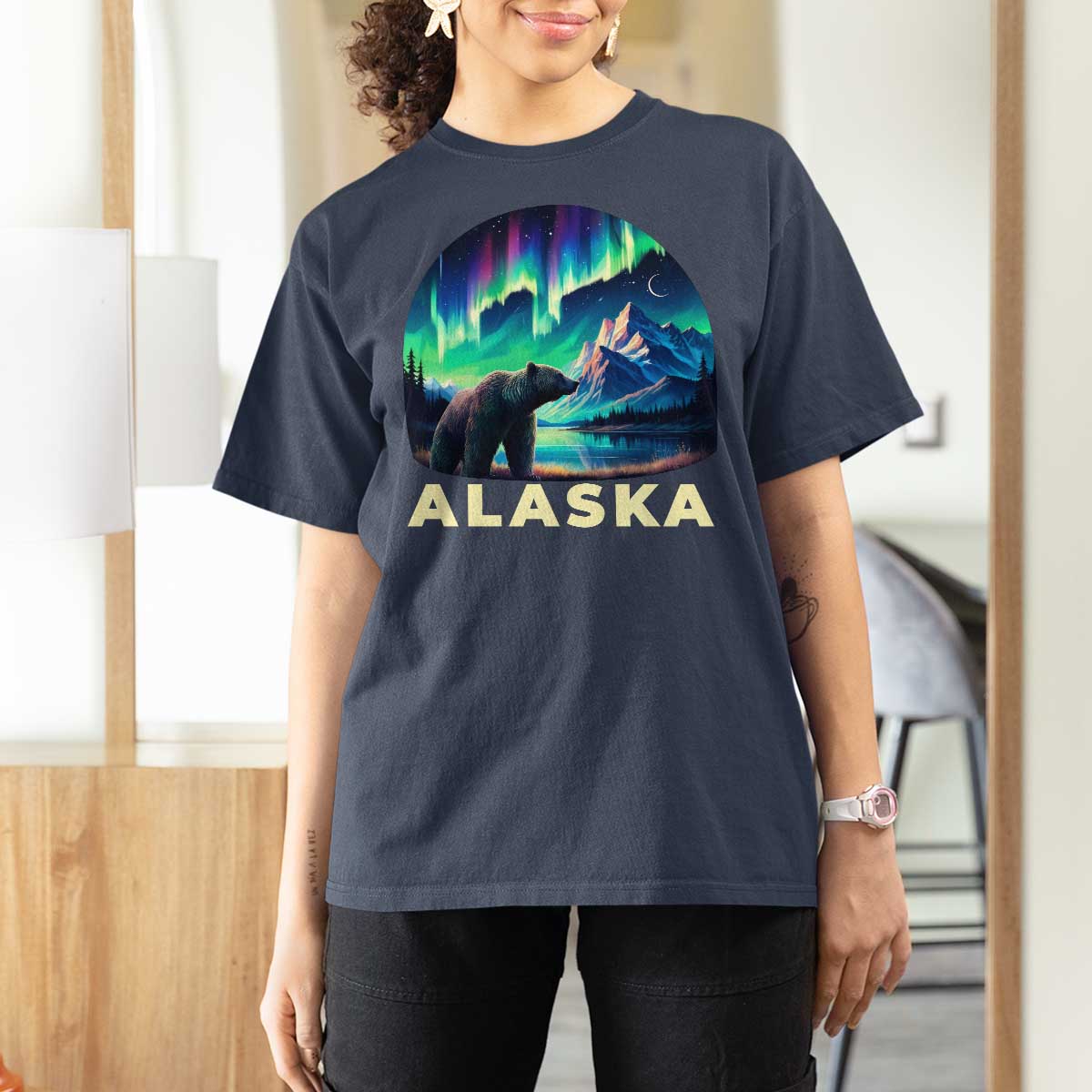 Bear Alaska T Shirt For Women Alaskan Night Sky Northern Lights Aurora - Wonder Print Shop