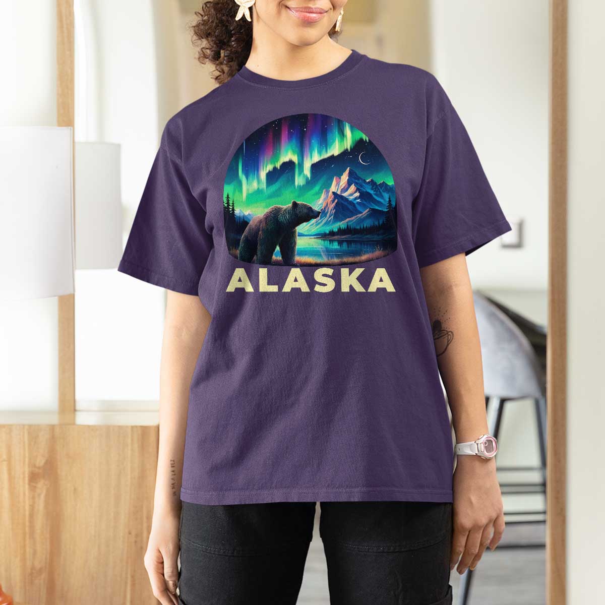 Bear Alaska T Shirt For Women Alaskan Night Sky Northern Lights Aurora - Wonder Print Shop