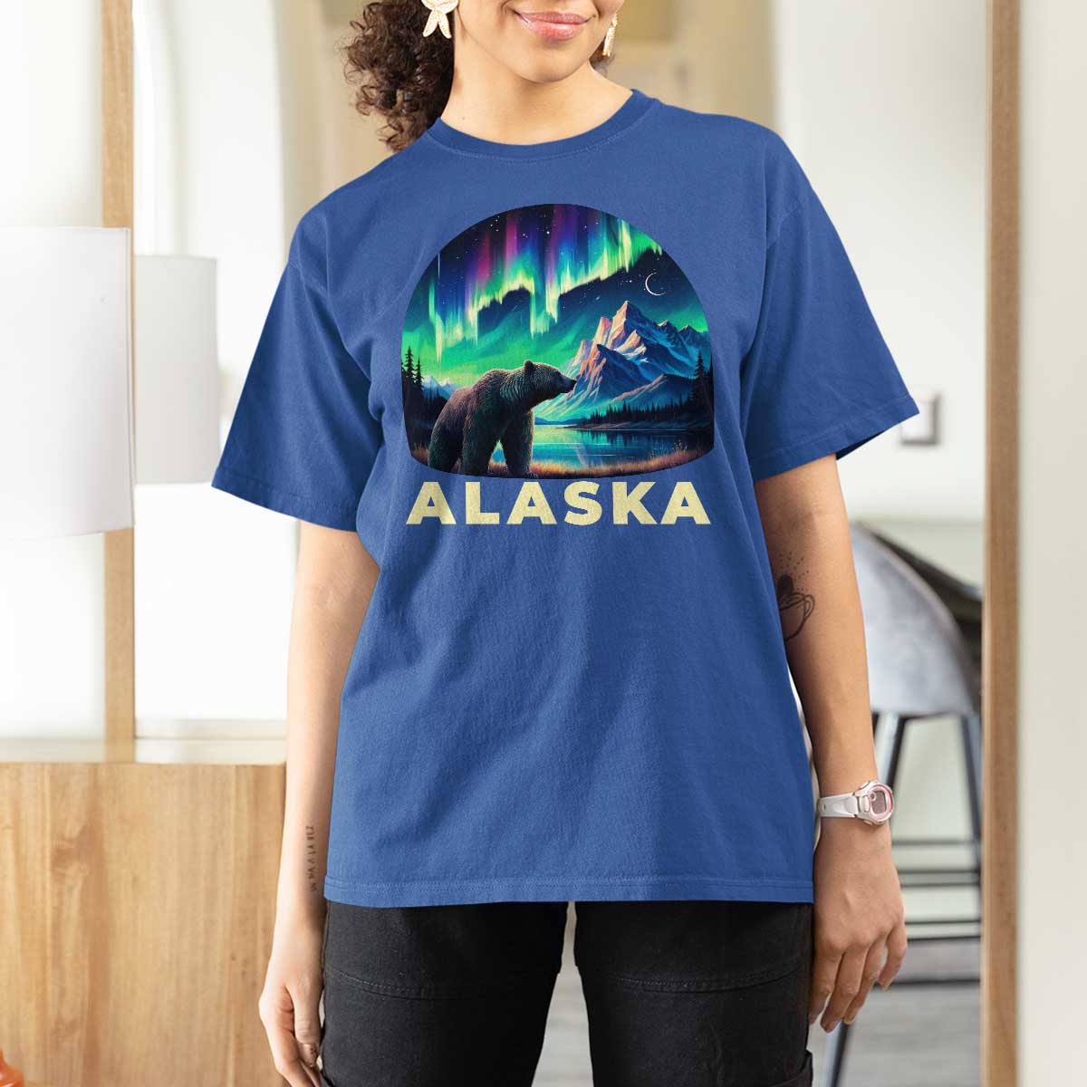 Bear Alaska T Shirt For Women Alaskan Night Sky Northern Lights Aurora - Wonder Print Shop