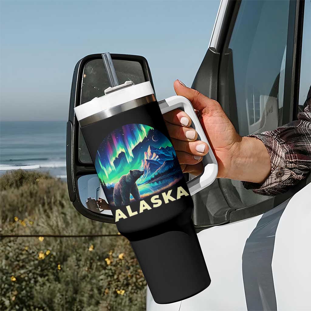 Bear Alaska Tumbler With Handle Alaskan Night Sky Northern Lights Aurora - Wonder Print Shop