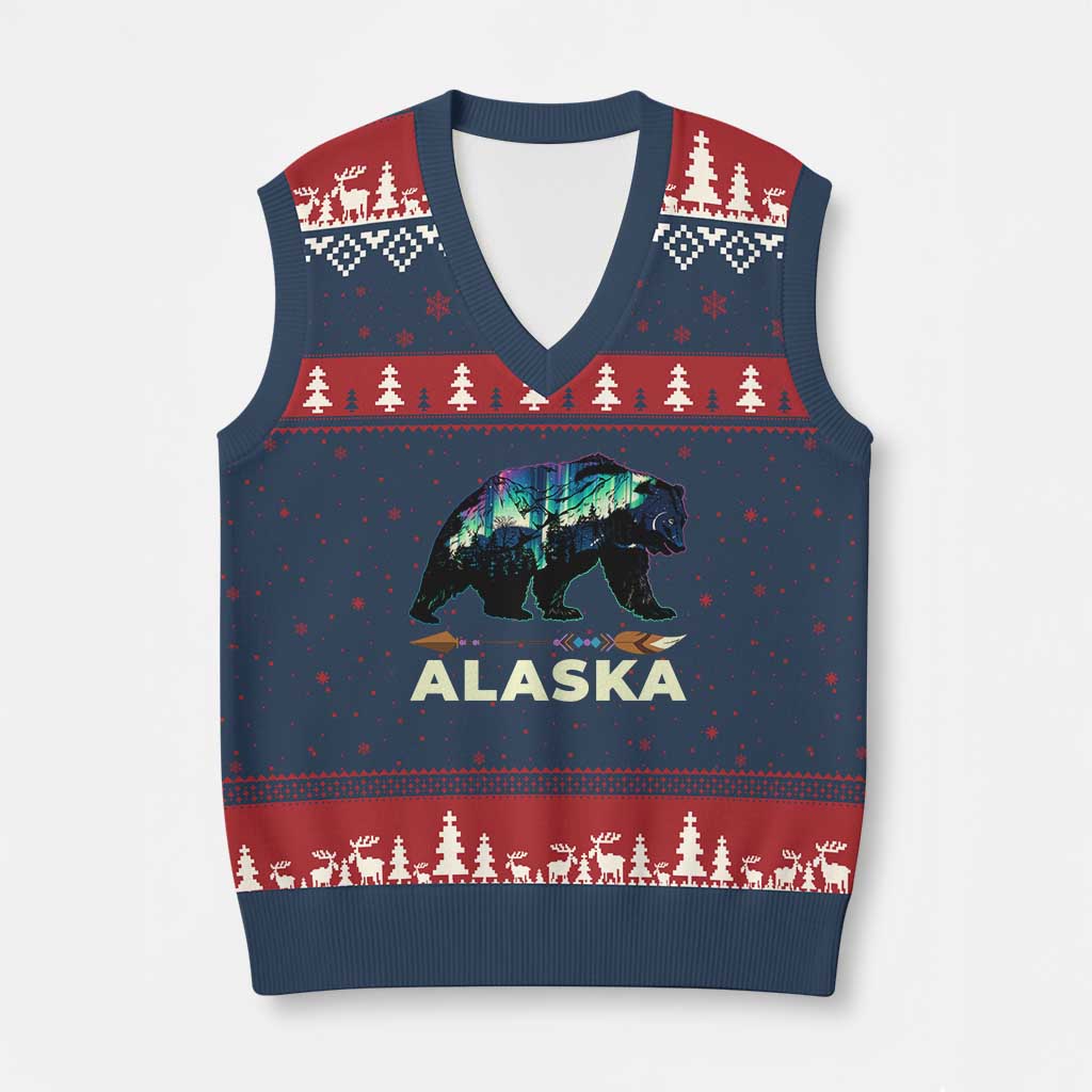 Alaska V-Neck Knit Sweater Vest Alaskan Night Sky Northern Lights Aurora Bear - Wonder Print Shop